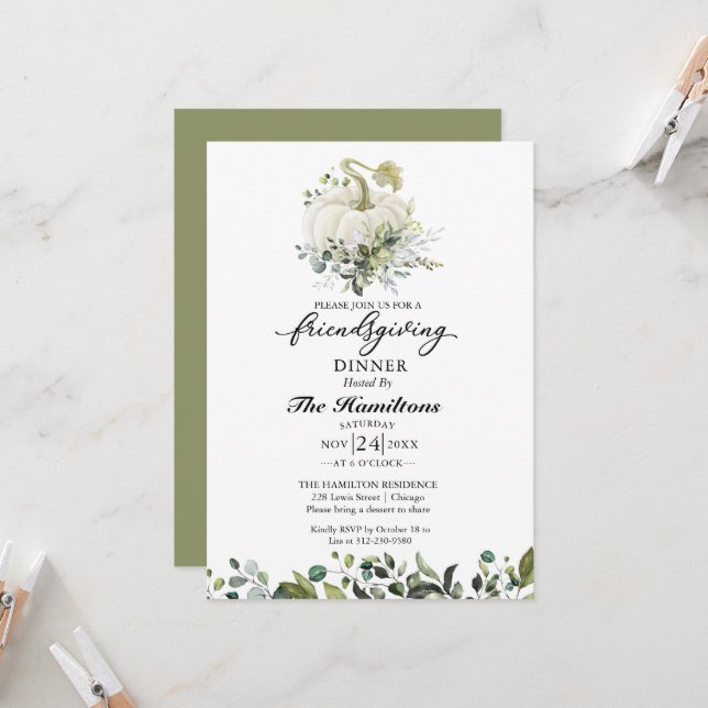 White Pumpkin Friendsgiving Dinner Invitation (Front/Back In Situ)