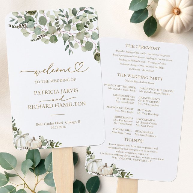 White Pumpkin Greenery Fall Wedding Program Hand Fan (Creator Uploaded)