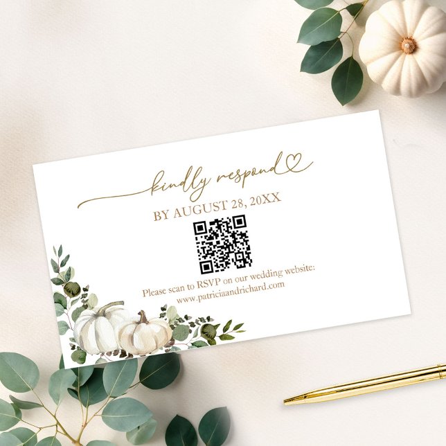 White Pumpkin Greenery Fall Wedding QR Code RSVP Enclosure Card (Creator Uploaded)