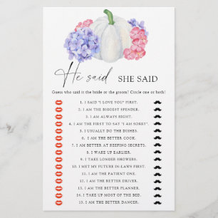 White pumpkin He said she said bridal shower game