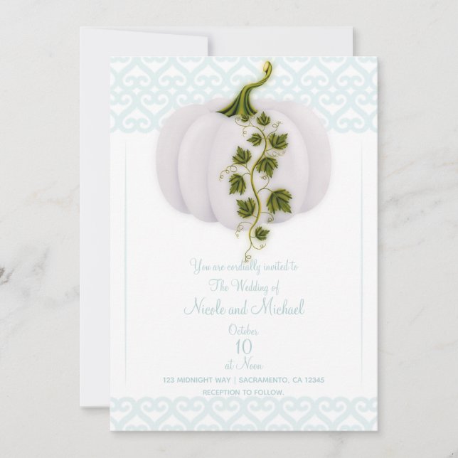 White Pumpkin Light Blue Storybook Fall Wedding  I Invitation (Front)