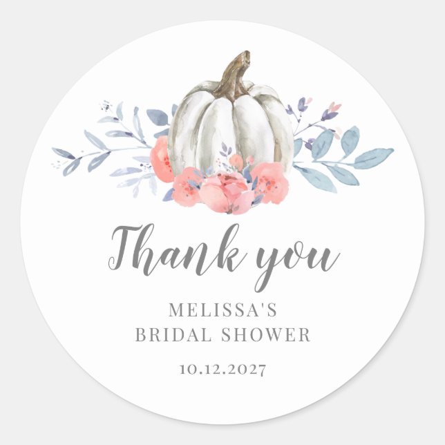 White Pumpkin Lilac Floral Bridal Shower Classic Round Sticker (Front)