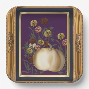 White Pumpkin Moody Floral in Ornate Gold Frame Paper Plate