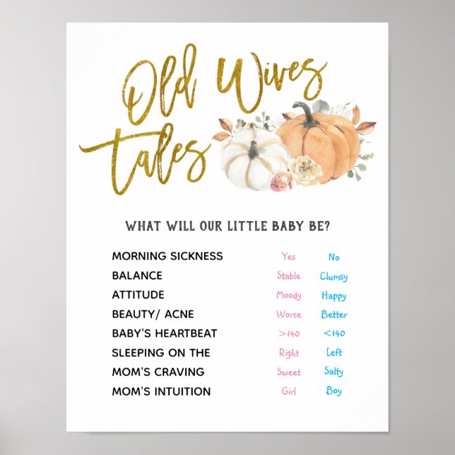 White Pumpkin Old Wives Tales Gender Reveal Poster (Front)
