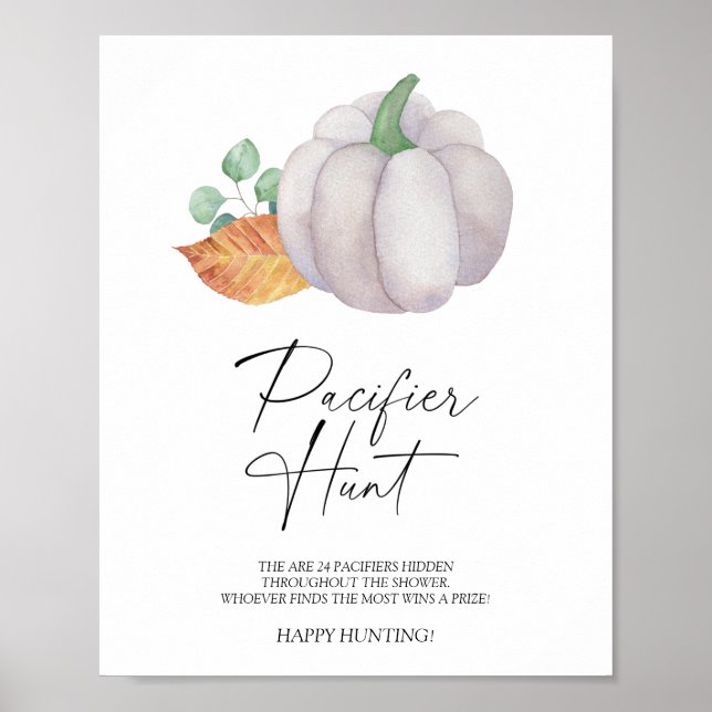 White pumpkin pacifier hunt baby shower game poster (Front)