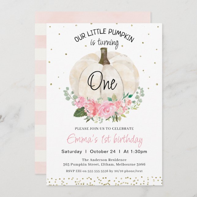 White Pumpkin Pink Floral Girls 1st Birthday Invitation (Front/Back)
