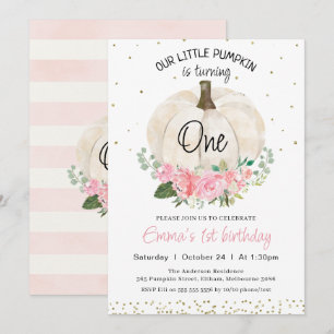 White Pumpkin Pink Floral Girls 1st Birthday Invitation