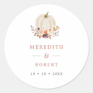 White Pumpkin Purple & Terracotta Flowers Wedding Classic Round Sticker