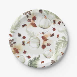White Pumpkin Rustic Fall Leaves Pattern Paper Plate