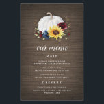 White Pumpkin Sunflower Fall Wedding Menu Cards<br><div class="desc">Wedding design features a rustic barn wood grain background with an elegant watercolor white pumpkin,  gold printed fall leaf elements,  burgundy red roses and a navy blue wildflower.</div>