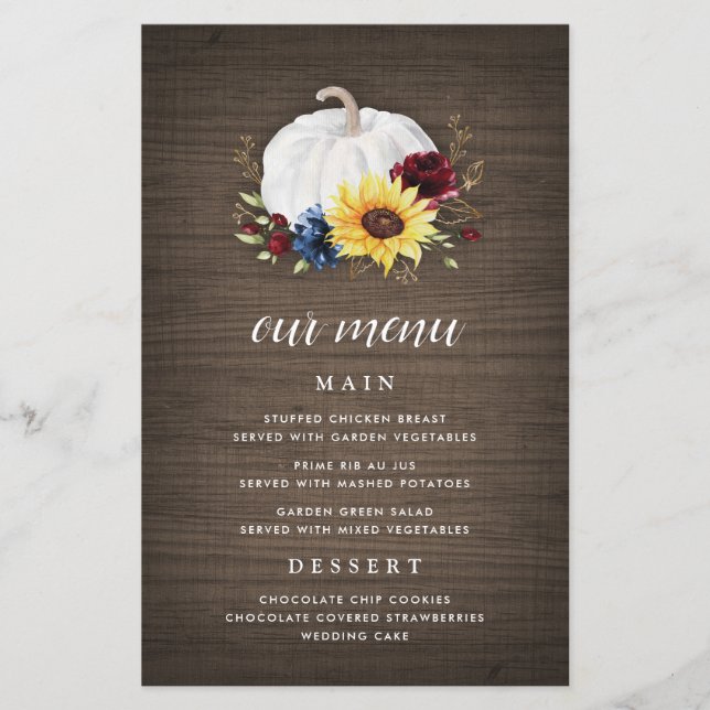 White Pumpkin Sunflower Fall Wedding Menu Cards (Front)