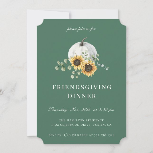 White Pumpkin Sunflower Friendsgiving Invitation (Front)