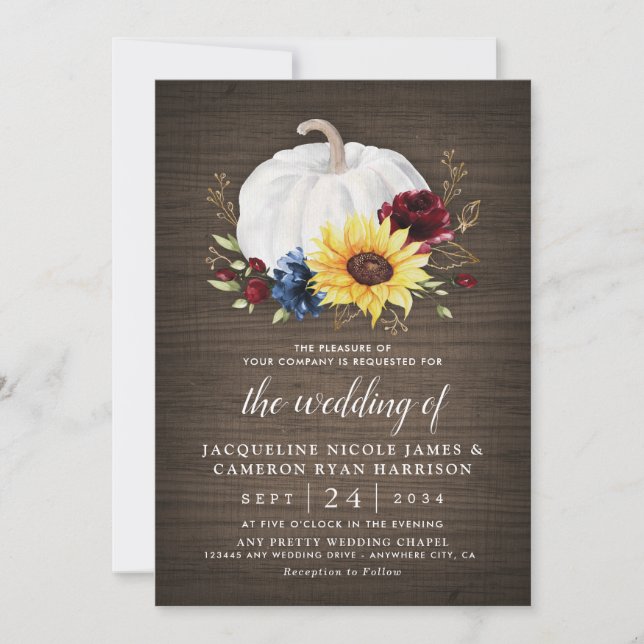 White Pumpkin Sunflower Roses Gold Fall Wedding Invitation (Front)