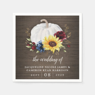 White Pumpkin Sunflower Roses Gold Fall Wedding Napkin