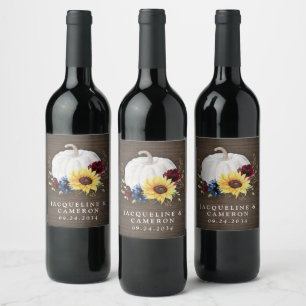 White Pumpkin Sunflower Roses Gold Fall Wedding Wine Label