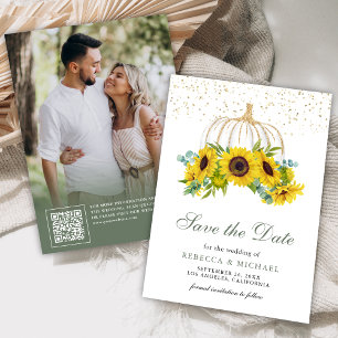 White Pumpkin Sunflowers QR Code Wedding Photo Save The Date