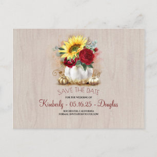 White Pumpkin Sunflowers Vase Fall Save the Date Announcement Postcard