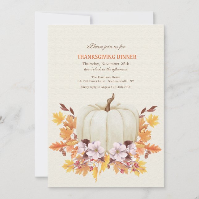White Pumpkin Thanksgiving Dinner Invitation (Front)