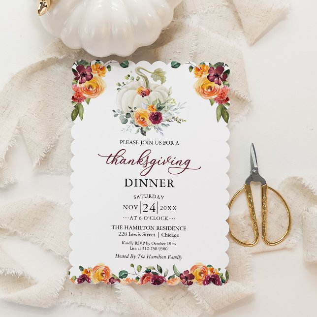 White Pumpkin Thanksgiving Dinner Invitation (Creator Uploaded)