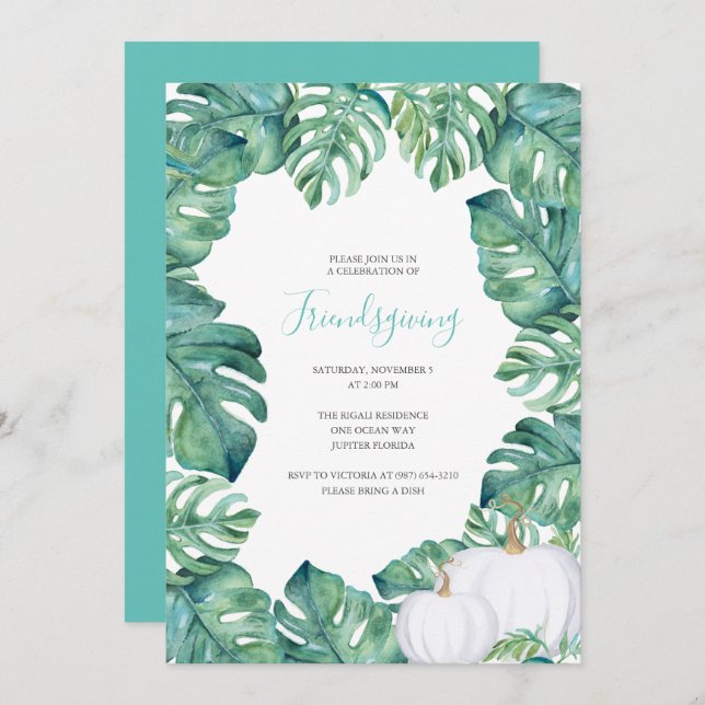White Pumpkin Tropical Greens Friendsgiving Invite (Front/Back)