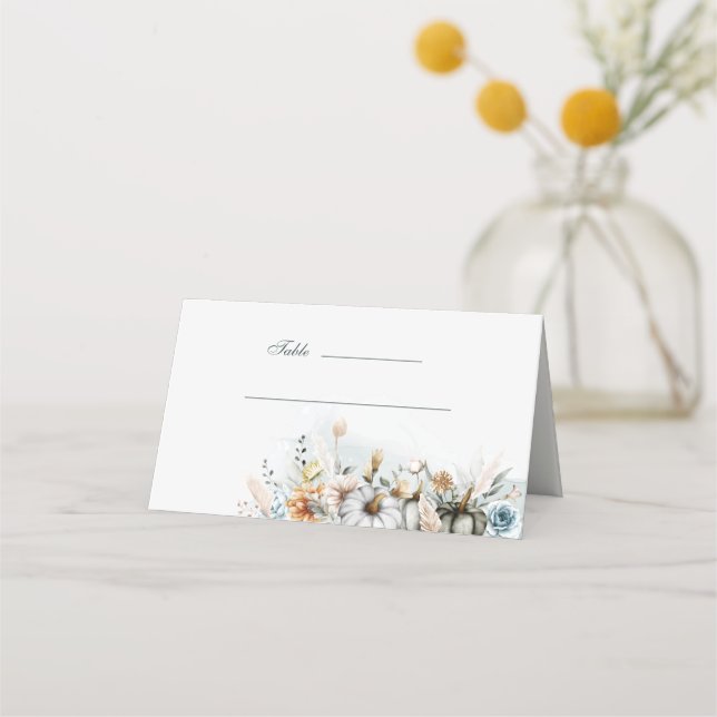 White Pumpkin with Wildflowers Wedding Place Card (Front)