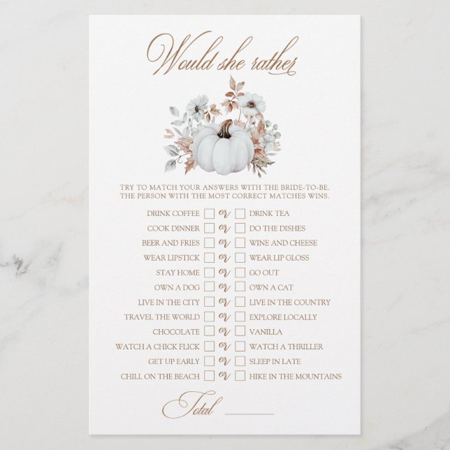 White Pumpkin Would She Rather Bridal Shower Game (Front)