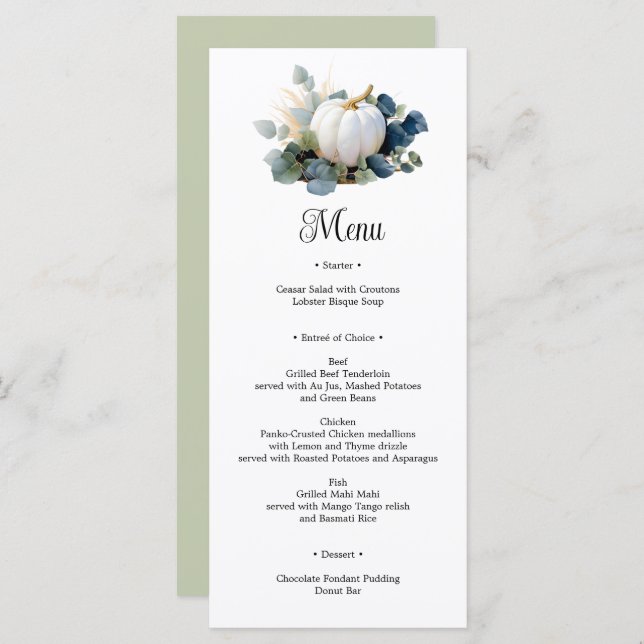 White pumpkins and eucalyptus greens Bridal Shower Menu (Front/Back)