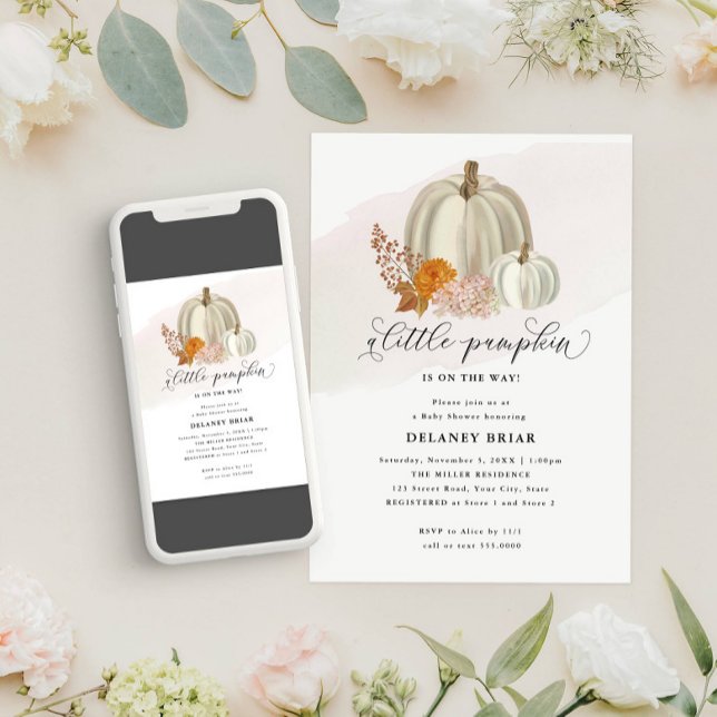 White Pumpkins and Fall Flowers, Baby Shower Invitation (Creator Uploaded)