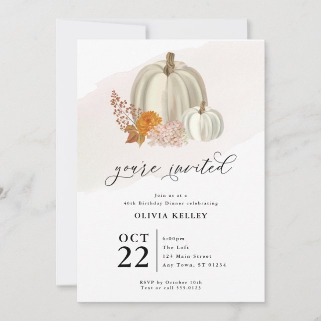 White Pumpkins and Fall Flowers, Party Invitation (Front)