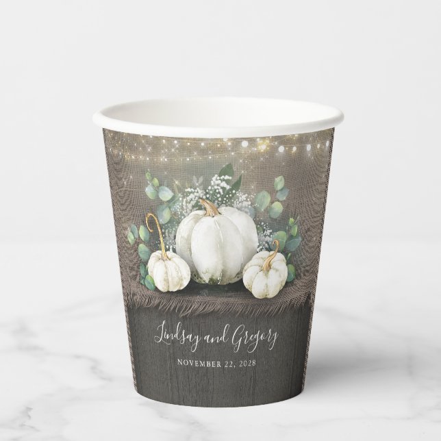 White Pumpkins and Rustic Country Burlap Fall Paper Cups (Front)