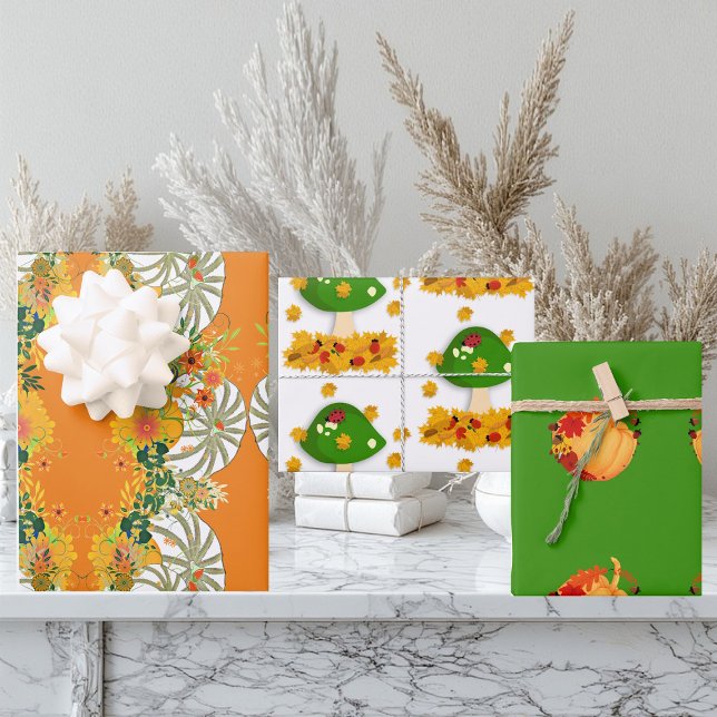 White Pumpkins Fall Colours Toadstool Floral Green Wrapping Paper Sheet (White Pumpkins Fall Colors Toadstool Floral Green Wrapping Paper Sheets)