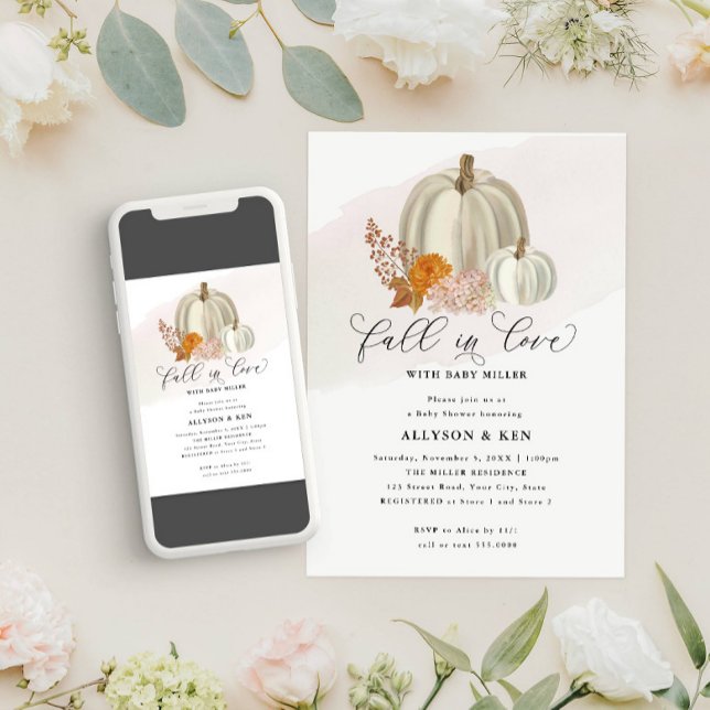 White Pumpkins Fall in Love Baby Shower Invitation (Creator Uploaded)