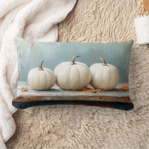 White Pumpkins on Vintage Blue Table Lumbar Cushion