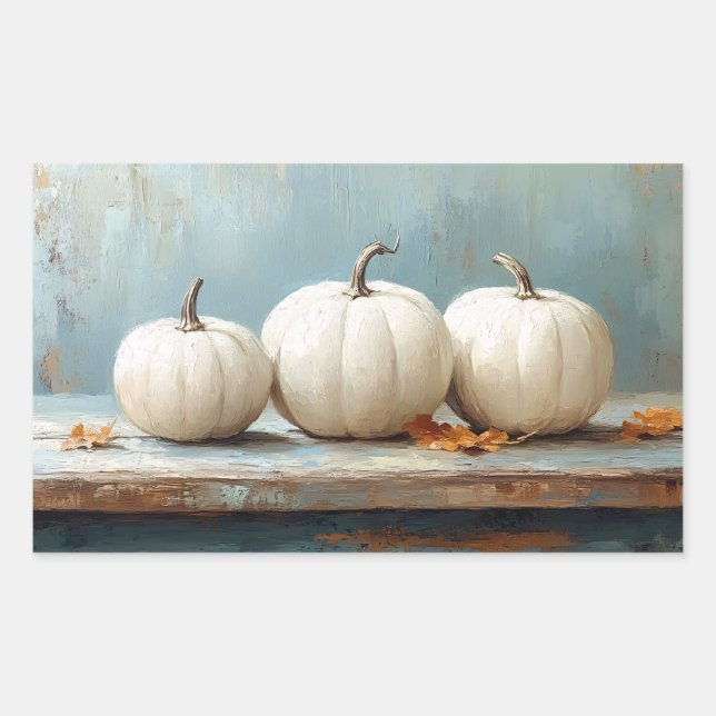 White Pumpkins on Vintage Blue Table Rectangular Sticker (Front)