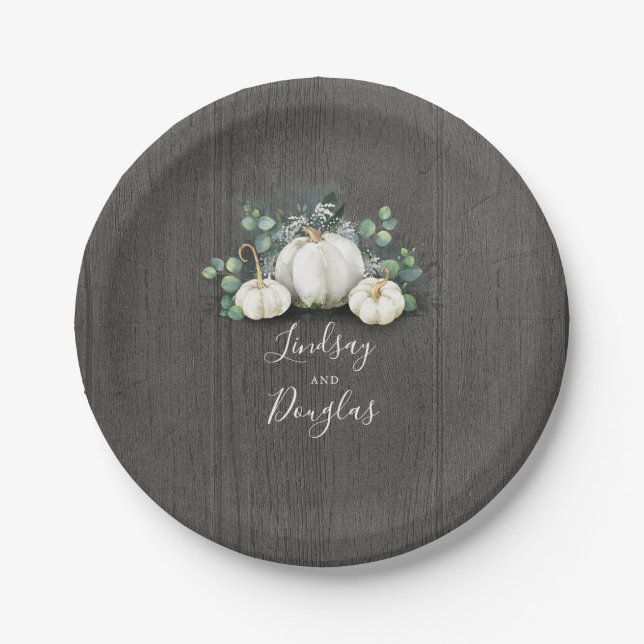 White Pumpkins Rustic Country Fall Inspired Paper Plate (Front)