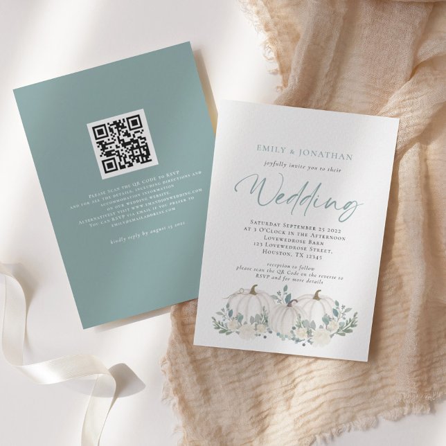 White Pumpkins Teal Foliage QR Code Wedding Invita Invitation (Creator Uploaded)