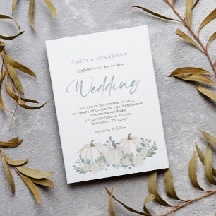 White Pumpkins Teal Foliage Wedding Invitation