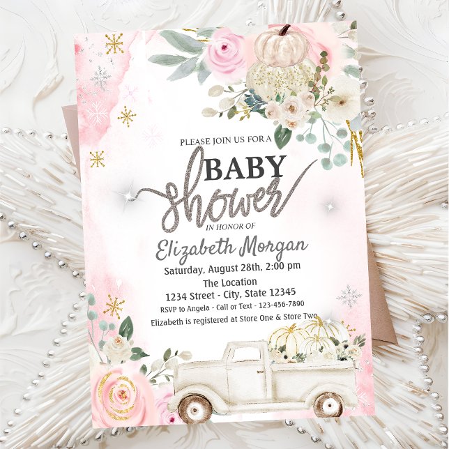 White Pumpkins Truck Flowers Baby Showe Invitation (Creator Uploaded)