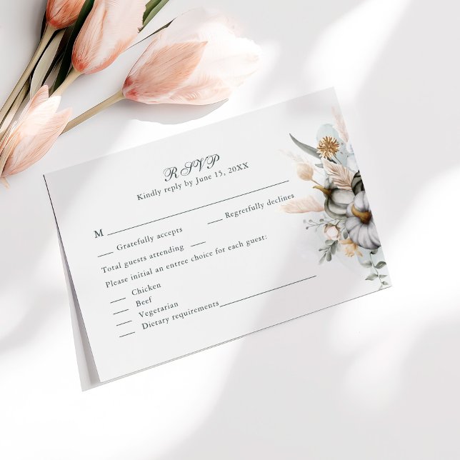 White Pumpkins with Wildflowers Wedding RSVP Card (White Pumpkins with Wildflowers Wedding RSVP Card on a sunny table with pale pink flowers.)