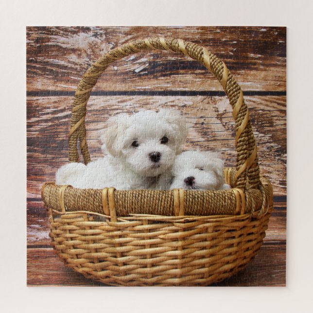 White Puppies In A Basket Jigsaw Puzzle (Vertical)