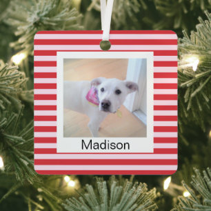 White Puppy Dog Merry Christmas Red and Pink Name Metal Tree Decoration
