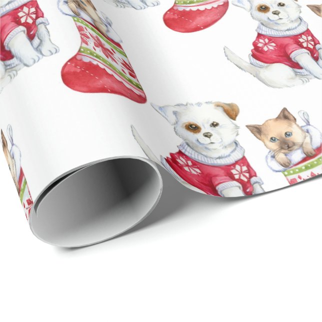 White | Puppy & Kitten Christmas Wrapping Paper (Roll Corner)