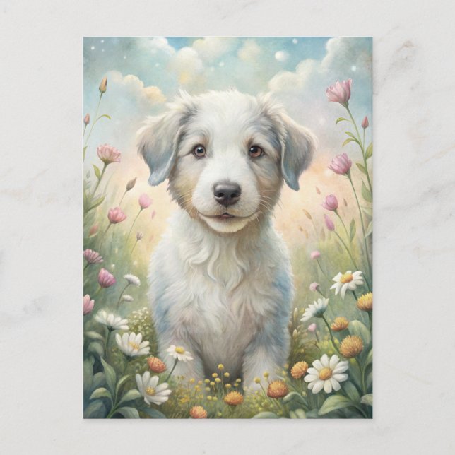 White Puppy Pastel Wildflowers Daisies Sunshine Postcard (Front)