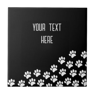 White Puppy Paw Prints With Custom Text Black  Ceramic Tile