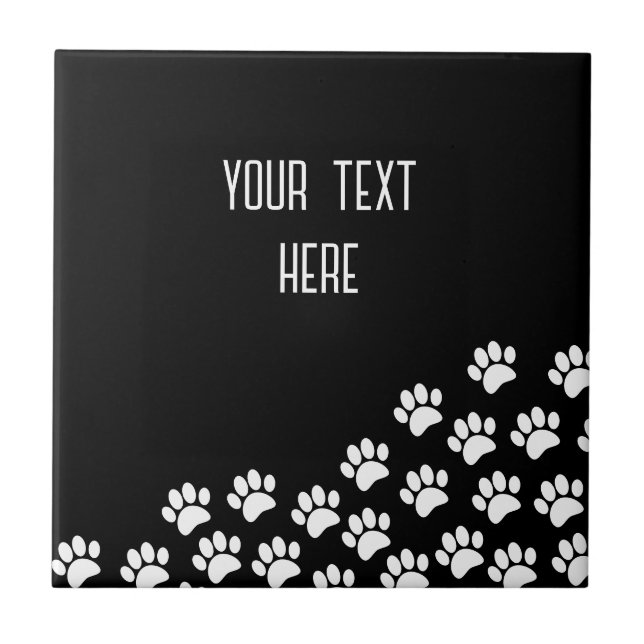 White Puppy Paw Prints With Custom Text Black  Ceramic Tile (Front)