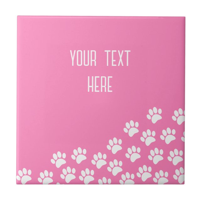 White Puppy Paw Prints With Custom Text Pink Ceramic Tile (Front)
