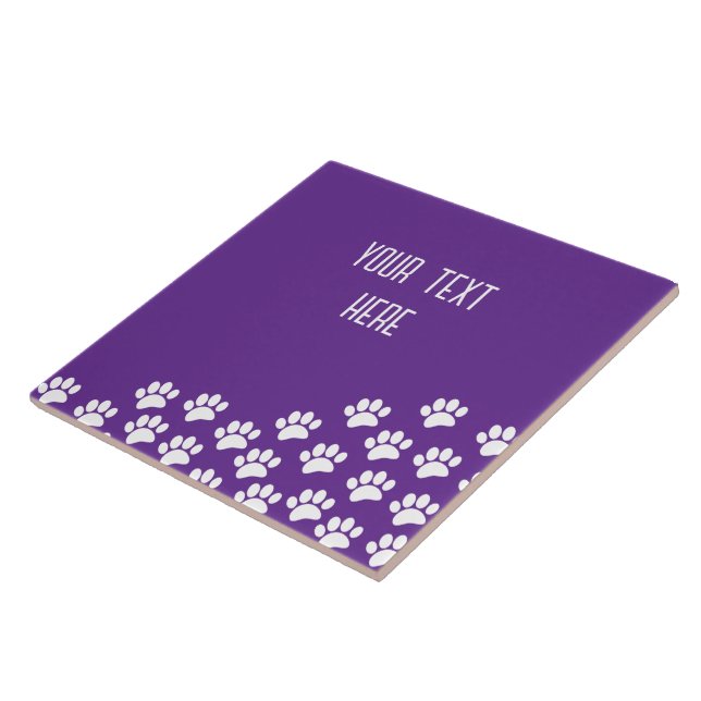 White Puppy Paw Prints With Custom Text Purple Ceramic Tile (Side)
