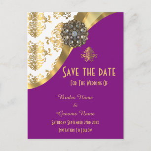 White, purple and gold damask save the date announcement postcard