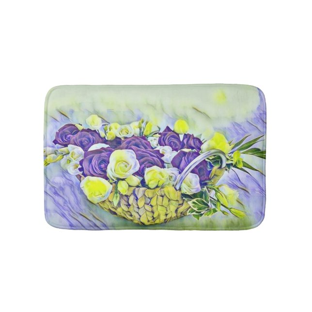 White Purple Basket of Roses Watercolor Painting  Bath Mat (Front)