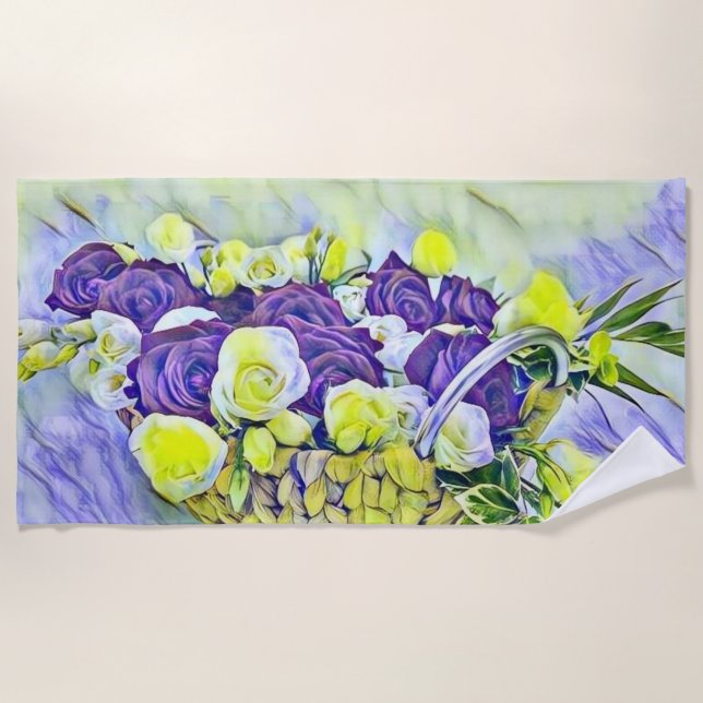 White Purple Basket of Roses Watercolor Painting  Beach Towel (Front)